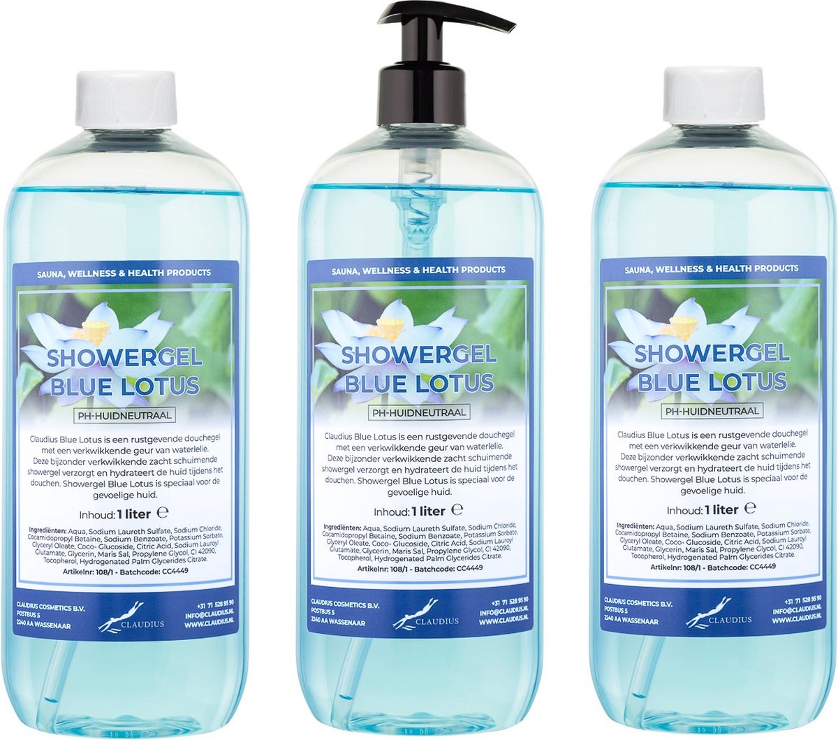 Goedkoopste Claudius Douchegel Blue Lotus 1 liter - set van 3 stuks - met gratis pomp - Showergel
