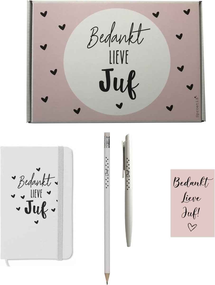 Afscheid juf , set voor juf met notitieboekje, balpen, potlood, minikaartje en kadodoosje - 'bedankt lieve juf' - juf kadootje - juf bedankje - juf cadeautje - juffen kado - afscheid juf