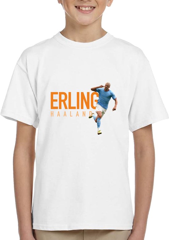 Kinder shirt met tekst- Kinder T-Shirt - Wit - Maat 122/128 - T-Shirt leeftijd 7 tot 8 jaar - Grappige teksten - Cadeau - Shirt cadeau -Erling Haaland - voetbal shirt - Oranje Tekst