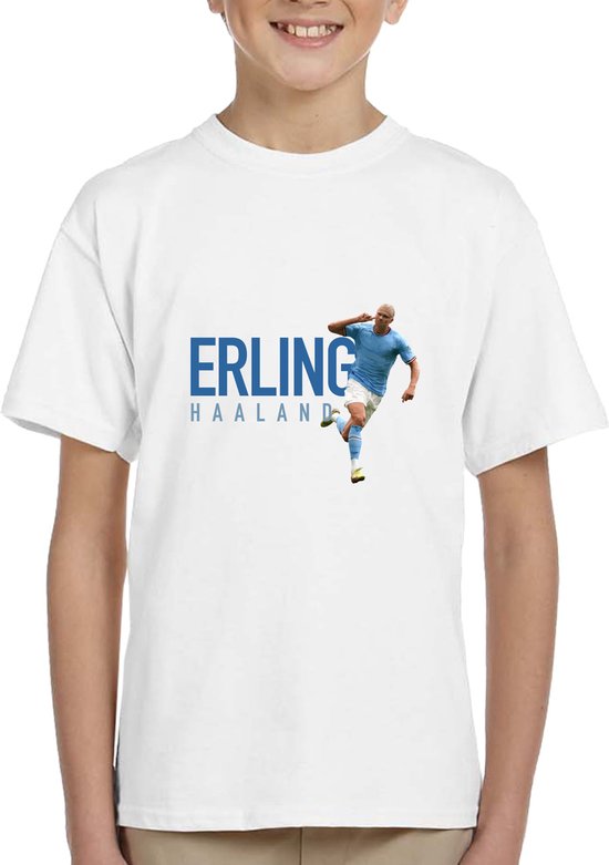 Kinder shirt met tekst- Kinder T-Shirt - Wit - Maat 134/140 - T-Shirt leeftijd 9 tot 10 jaar - Grappige teksten - Cadeau - Shirt cadeau -Erling Haaland - voetbal shirt - Blauwe tekst