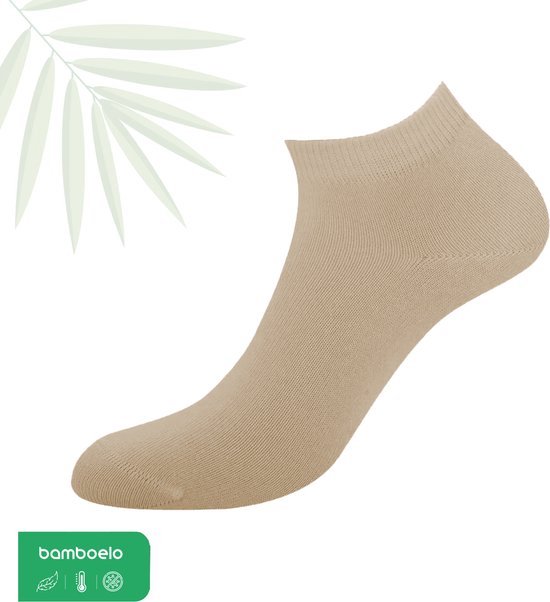 Natuurlijke beige bamboe sneaker sok, lage schacht, naadloos, bamboelogover.
