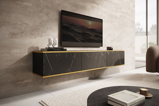 Tiroir meuble - Meuble TV Orléans - Aspect marbre Zwart - 175 cm | bol