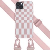 Selencia Hoesje Geschikt voor iPhone 14 Plus Hoesje Met Koord - Selencia Siliconen design hoesje met afneembaar koord - Roze / Irregular Check Sand Pink