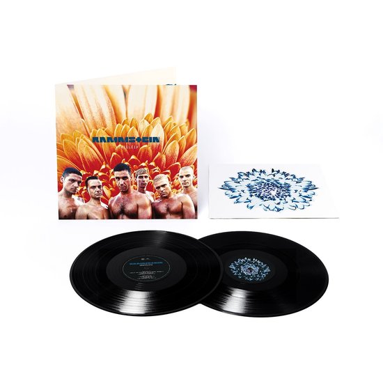 Rammstein Herzeleid 2 LP set met dubbelzijdige hoes en extra kaart. De hoes toont de bandleden en een oranje bloem.
