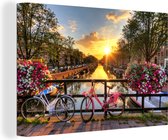 Peinture sur toile - Amsterdam - Vélo - Fleurs - Soleil - Rose - Salon - 120x80 cm - Peintures sur toile - Toile - Décoration murale
