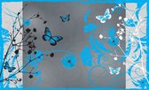 Fotobehang - Vlies Behang - Turquoise Vlinders en Bloemen Kunst - 208 x 146 cm