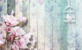Fotobehang - Vlies Behang - Kersenbloesem op Gekleurde Houten Planken - 312 x 219 cm