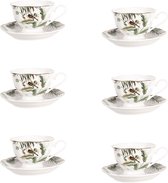 HAES DECO - Tasse et Soucoupe set de 6 - contenance 220 ml - coloris Wit / Vert - Porcelaine Imprimée Vogels et Plantes - Service à thé, Service à café, Tasses à thé, Tasses à café, Cappuccino