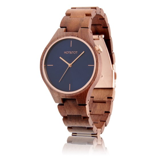 HOT&TOT | Bixie - Houten horloge voor dames / heren - Notenhout - Blauw - Roségoud - 40mm
