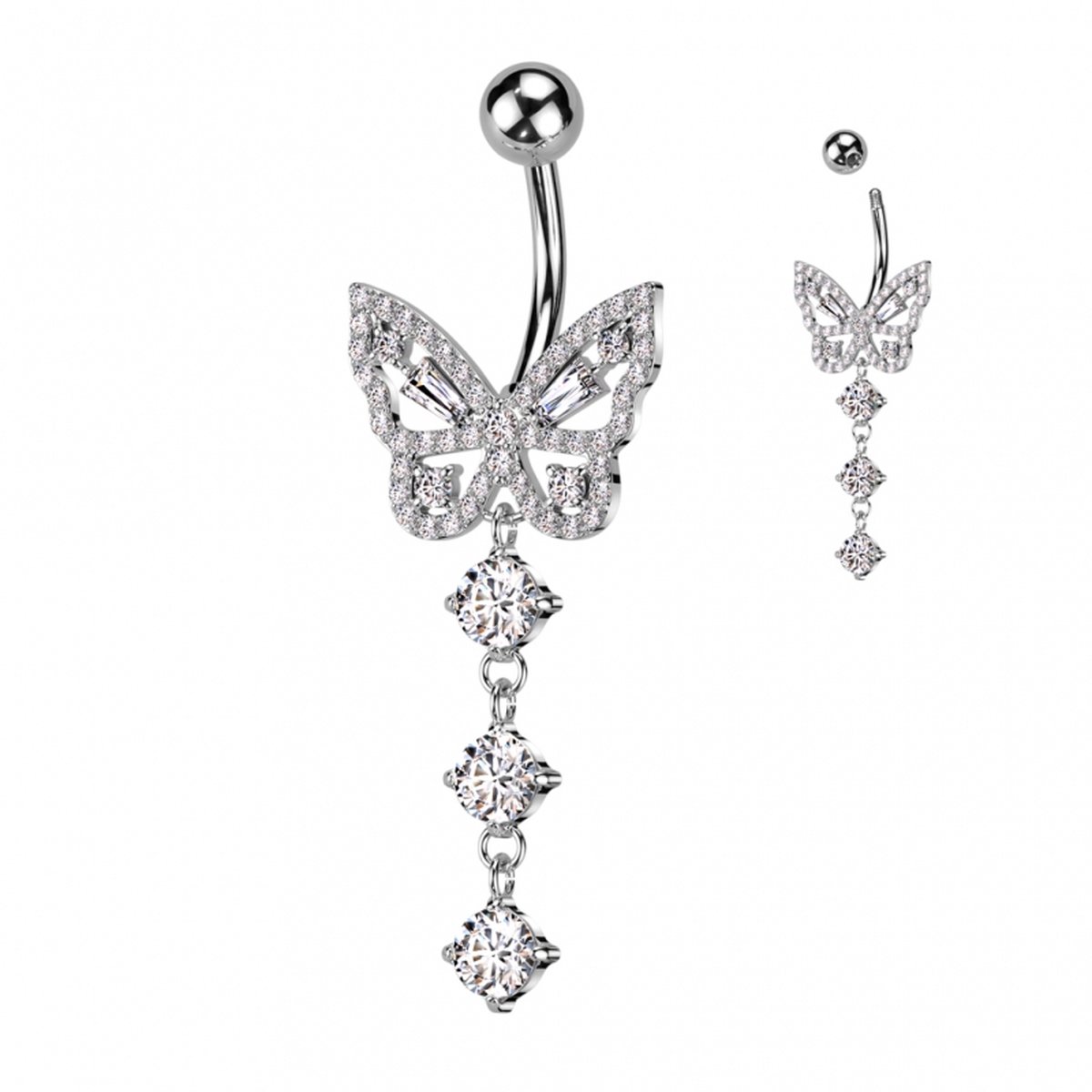 Navelpiercing PVD vlinder met 3 hangers - zilver - LMPiercings
