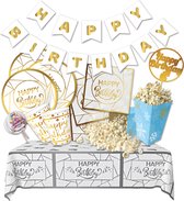 Happy Birthday Party Slinger Ballonnen Feest Pakket - Verjaardagsfeest decoratie pakket - Feestthema Banner - Gelukkige verjaardagskrans - Verjaardag Feestpakket - Ballondecoratie - Goud en wit - 84 Stuck