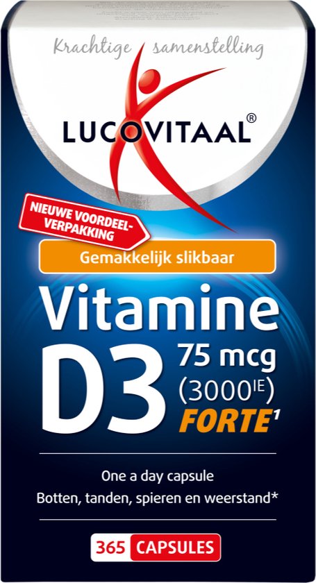 Fles met 365 vitamine D3 capsules van Lucovitaal. Zilveren dop en rode capsulepot.