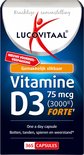 Fles met 365 vitamine D3 capsules van Lucovitaal. Zilveren dop en rode capsulepot.