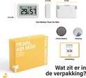 Verpakking van de Tool Meister Pearl Air Mini hygrometer. Afmetingen en inhoud: thermometer, CR450 batterij, plakstrip en handleiding.