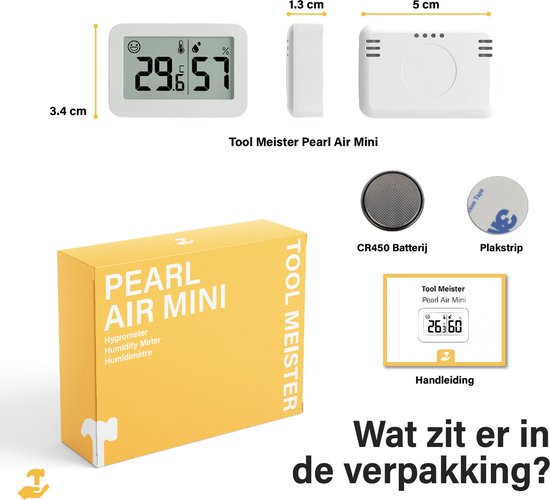 Verpakking van de Tool Meister Pearl Air Mini hygrometer. Afmetingen en inhoud: thermometer, CR450 batterij, plakstrip en handleiding.