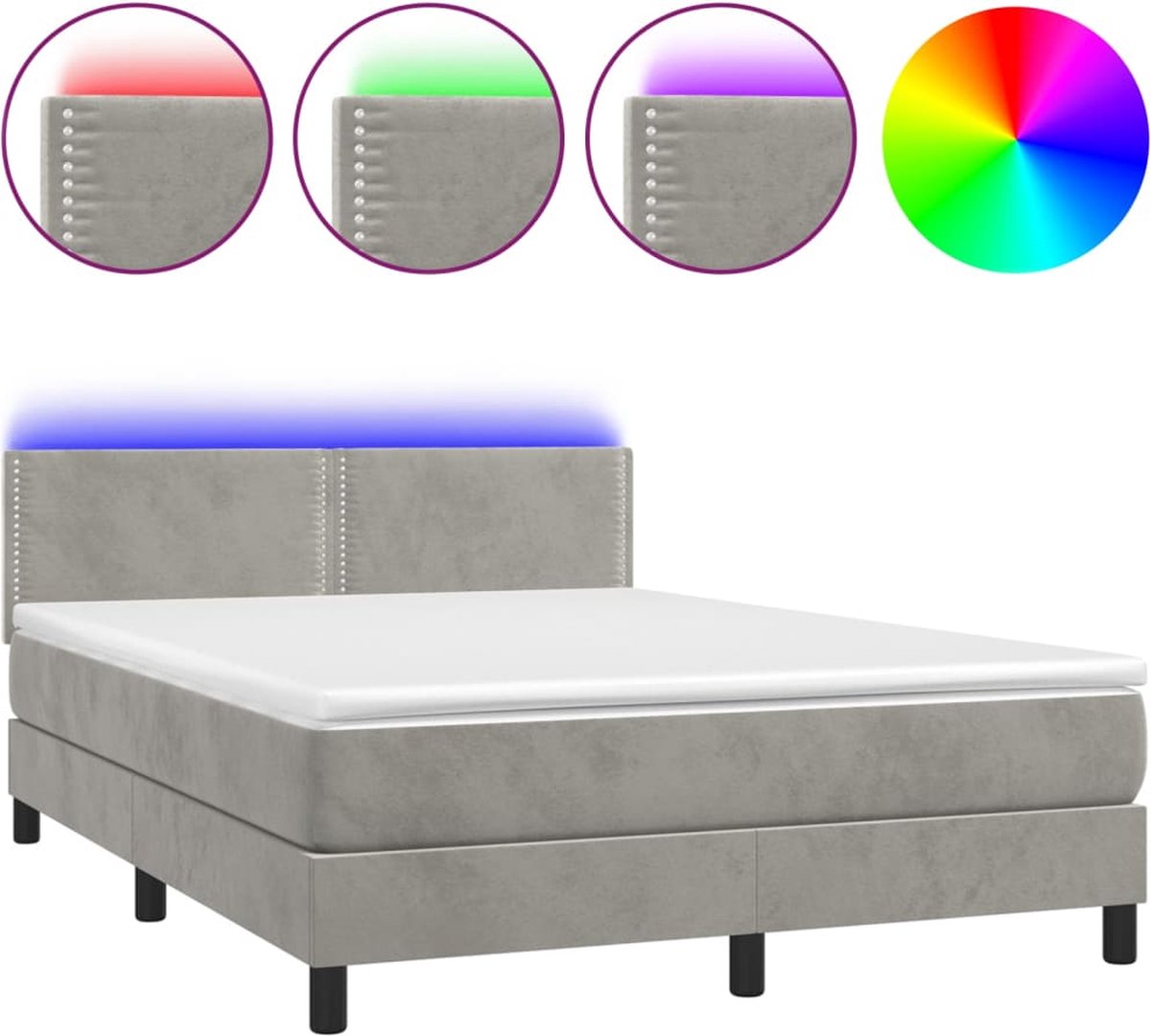 vidaXL - Boxspring - met - matras - en - LED - fluweel - lichtgrijs - 140x190 - cm