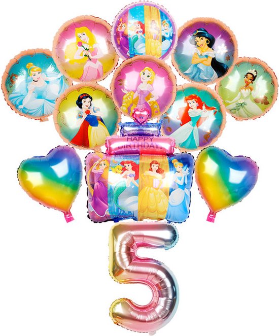 Disney Princess Ballonnen - Disney Ballonnen 12 stuks - Prinsessen Ballonnen - Disney Cijfer Ballon 5 Jaar - Disney Feestpakket - Ballonnen Pakket - Verjaardag Versiering voor Prinsessen - Feestversiering - Ballonnen set - Kinderfeestje Prinses Thema