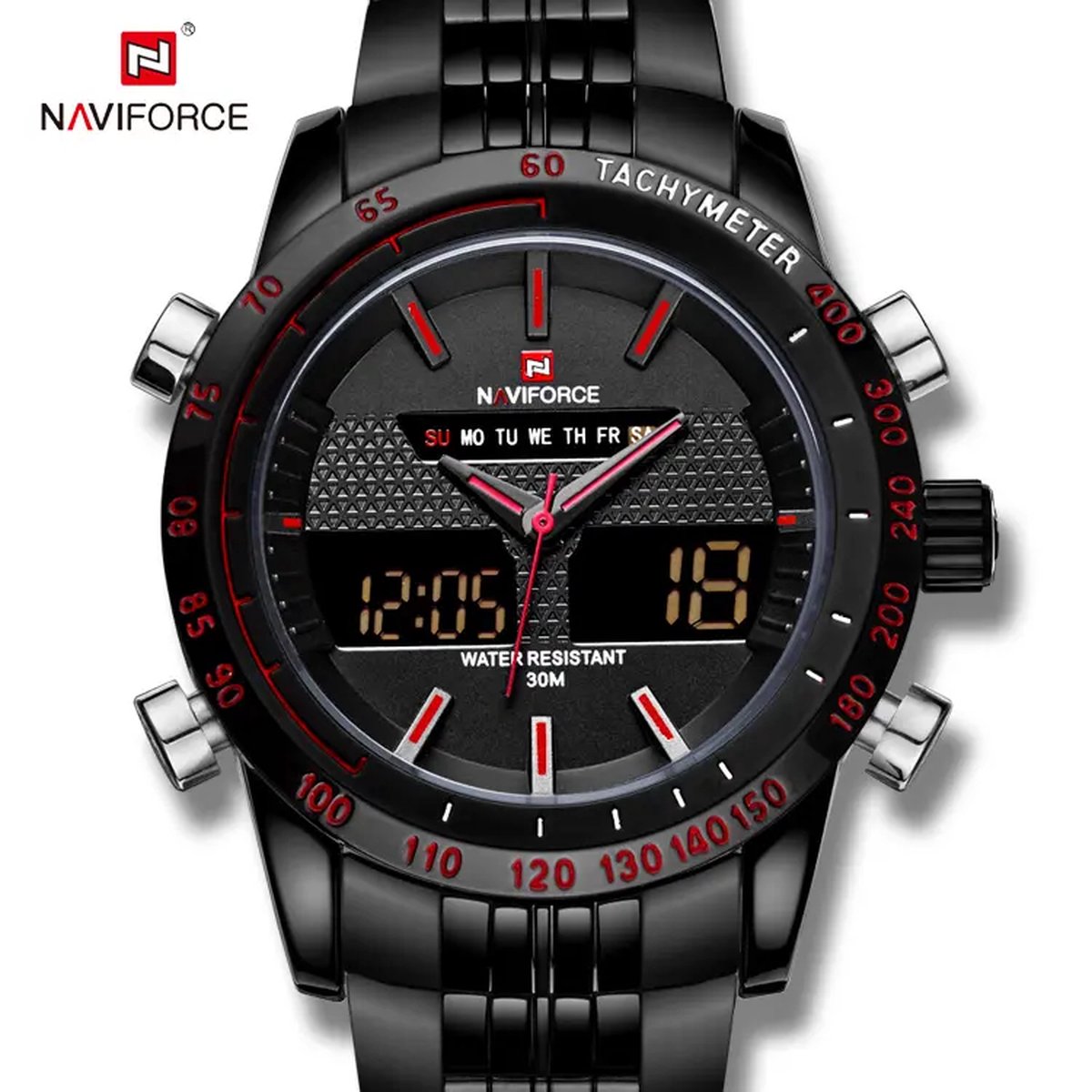 NAVIFORCE horloge voor mannen, met zwarte metalen polsband, zwarte uurwerkkast en zwarte wijzerplaat met rode wijzers ( model 9024 BBR ), verpakt in mooie geschenkdoos