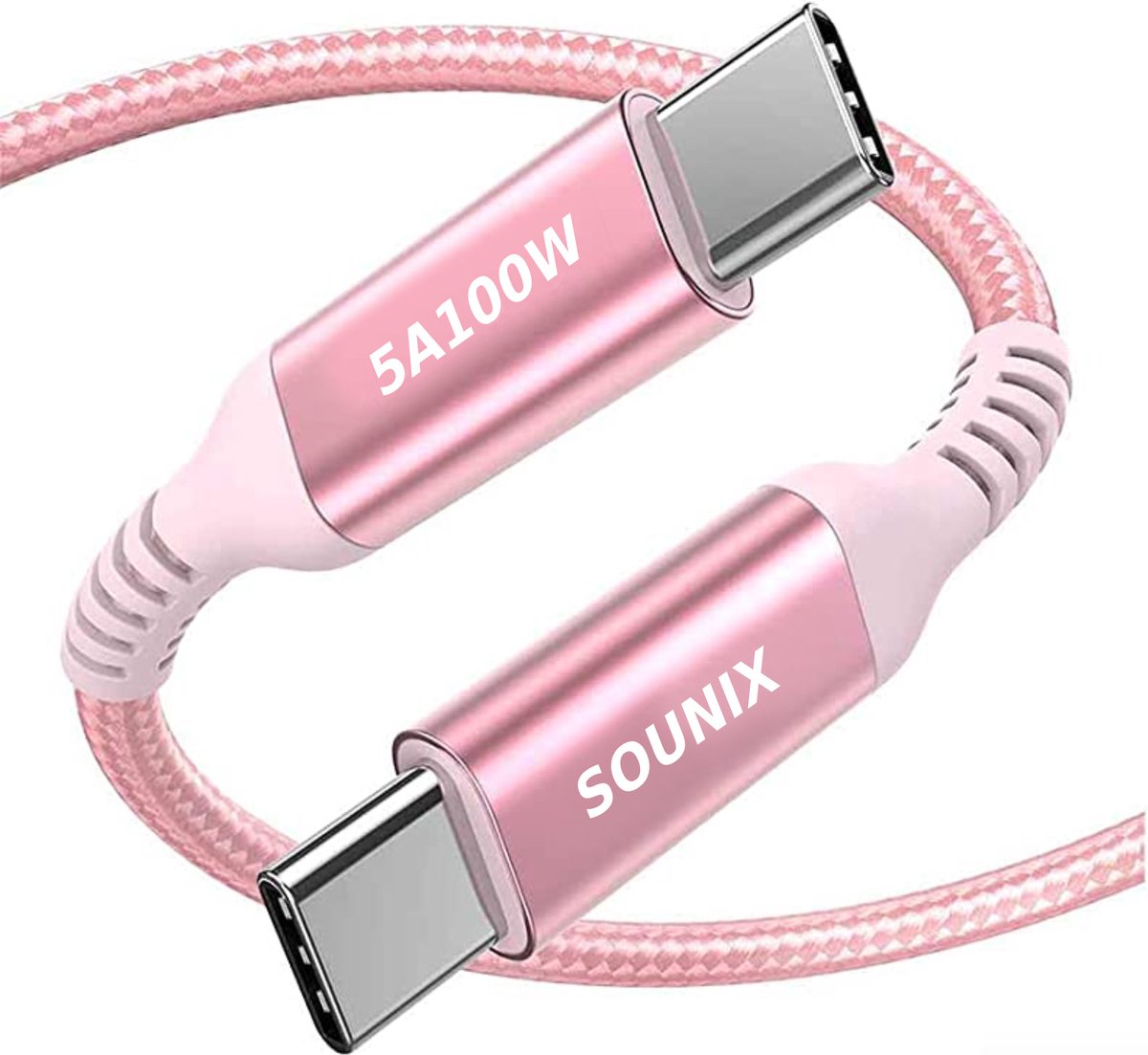 Sounix USB C kabel met E-marker - 5A100W - 2 Meter - Snellader - USB 3.2 - Oplaadkabel - 20Gbps - Geschikt voor Macbook, iPad Pro/Air, Samsung Galaxy/Note - Gevlochten Nylon - Roze