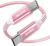 Sounix USB C kabel met E-marker - 5A100W - 2 Meter - Snellader - USB 3.2 - Oplaadkabel - 20Gbps - Gevlochten Nylon - Roze