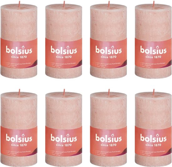 8 bougies pilier rustique Bolsius rose poudré 100/50 (30 heures) Eco Shine Misty Pink