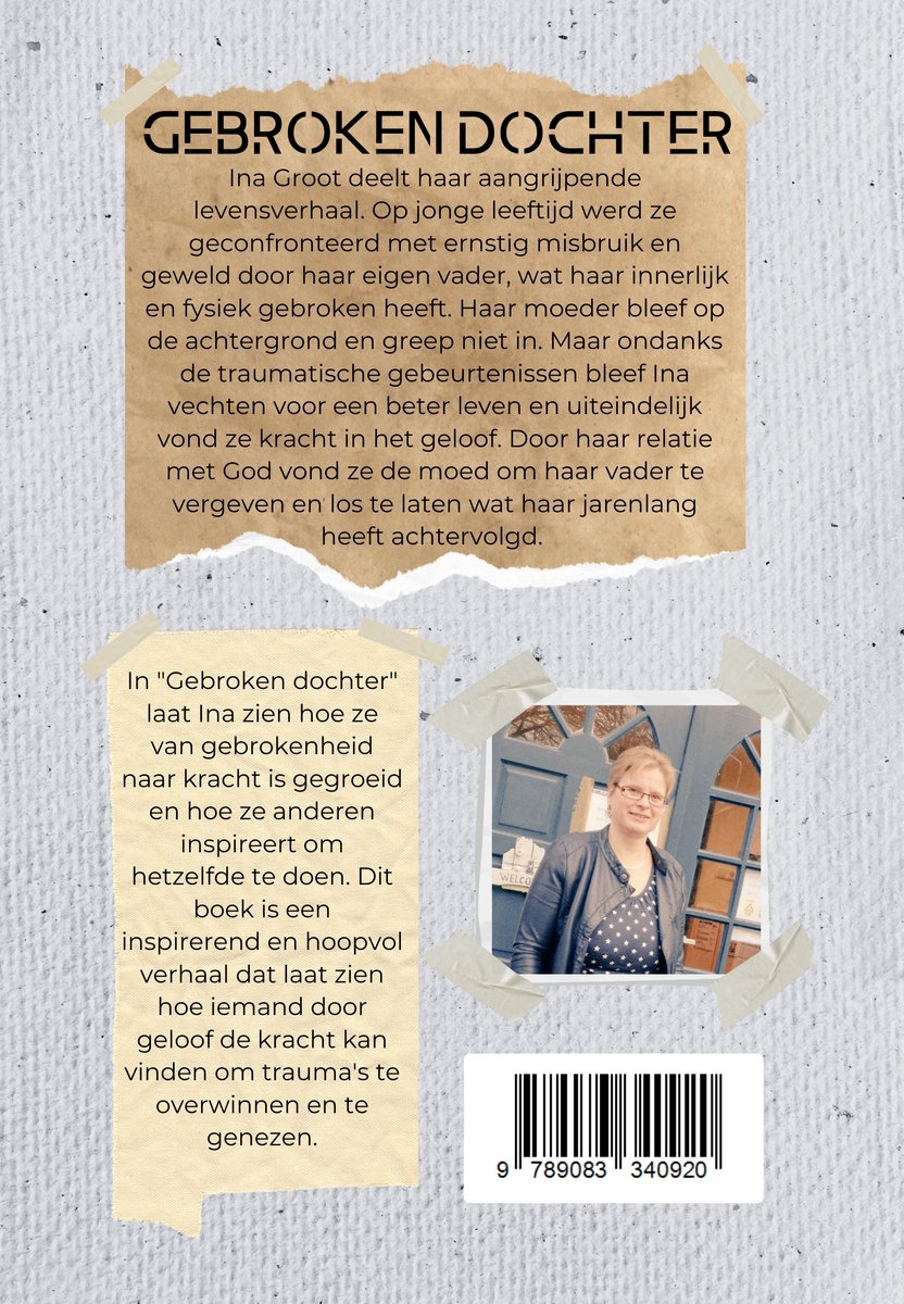Achterkant boek met informatie over 'Gebroken dochter' en foto van Ina Groot.