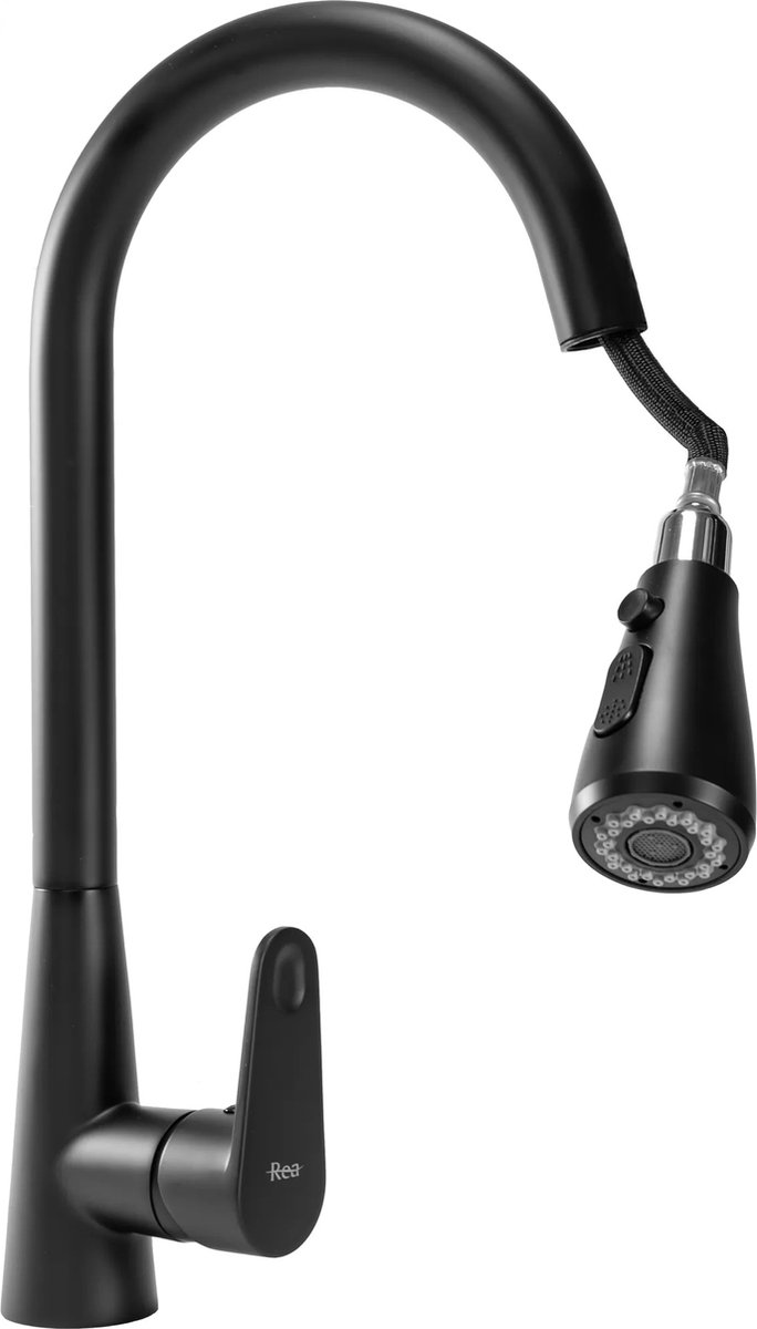 MANDEE.NL - ONE Moderne opbouw Keukenkraan Zwart - Keukenwastafel Kraan Enkele Handvat Mixer Kraan met Uittrekbare warm en Koud Roterende Zwarte Kraan