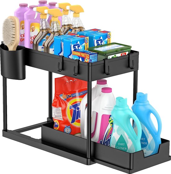 Keukenkast organizer - 2-laags schuifbare opbergruimte en organizer - met 4 haken - met 1 hangende beker