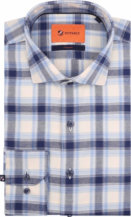Suitable - Overhemd Widespread Flanel Ruiten Blauw - Heren - Maat 42 - Slim-fit