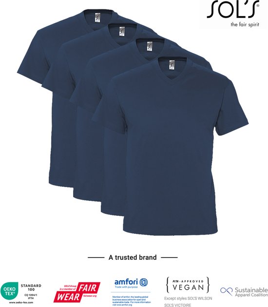4 Pack SOLS V-hals, Heren T-Shirt 100% katoen V-hals, Denim Blauw, Maat L