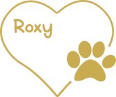 Hart met hondenpootje - met naam - gepersonaliseerd - mat goud - autosticker - 14 x 16 cm
