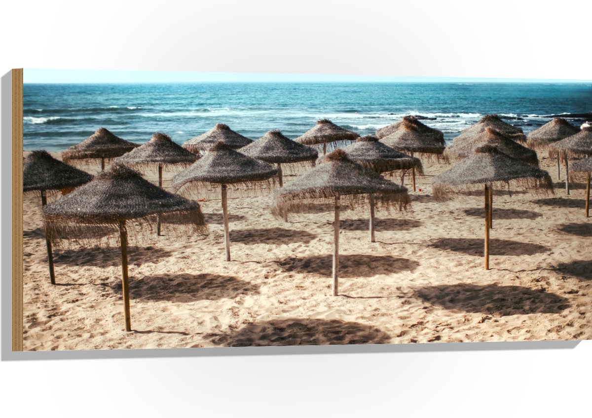 Hout - Zee - Strand - Zand - Parasols - 100x50 cm - 9 mm dik - Foto op Hout (Met Ophangsysteem)