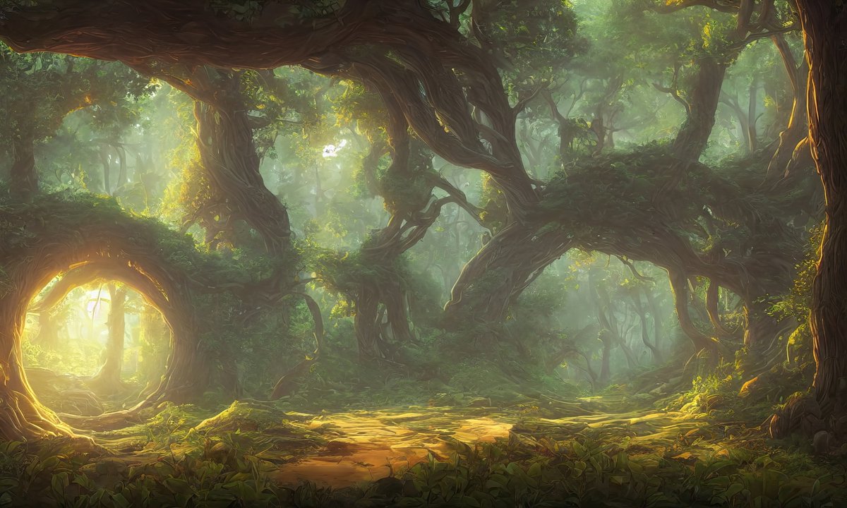 Fotobehang Amazing Fantastic Curved Forest. Forest Landscape Of Trees In The Rays Of The Sun. 3D - Vliesbehang - 300 x 210 cm
