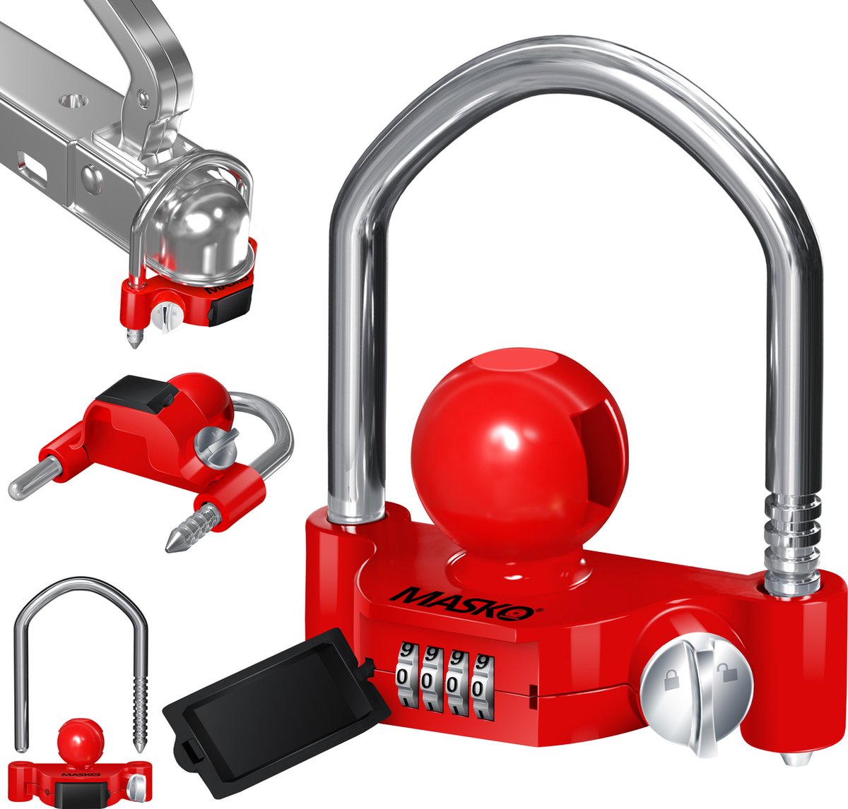 MASKO® Disselslot - Trekhaakslot - Koppelingsslot -Aanhangwagenslot Combinatieslot met 4-cijferige code voor gangbare aanhangerkoppelingen eenvoudig te monteren Diefstalbeveiliging voor caravans en aanhangwagens - Rood