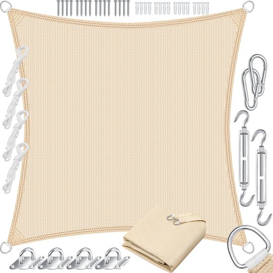 Voile d'ombrage KESSER® | voile d'ombrage auvent protection contre le vent | Tissu PEHD | hydrofuge et résistant au vent | Point de croix à 5 voies, robuste et stable, fournisseur d'ombrage pour jardin, balcon, terrasse - Crème, Carré, 5x5m