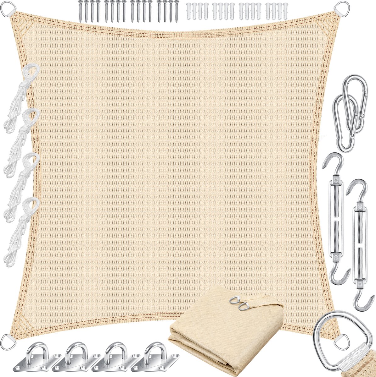 KESSER® Schaduwdoek | zonnezeil zonwering windbescherming | HDPE stof | waterafstotend & windwerend | 5-voudig kruislings gestikt robuust & stabiel schaduwgever tuin balkon terras - Creme, Vierkant,2x2m
