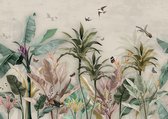 Fotobehang Wallpaper Palm Tropical Forest Vintage Jungle Pattern With Birds - Vliesbehang - 416 x 254 cm