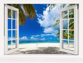 Fotobehang View From An Open Window To A Tropical Landscape. - Vliesbehang - 315 x 210 cm