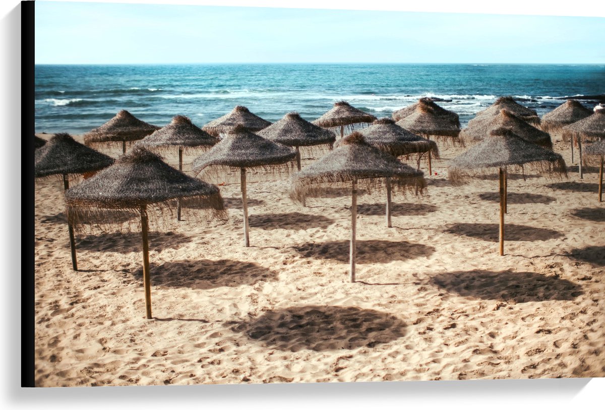 Canvas - Zee - Strand - Zand - Parasols - 90x60 cm Foto op Canvas Schilderij (Wanddecorati