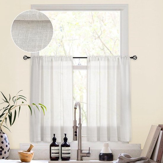 Linnen Vitrage Semi-transparant bistrogordijn venstergordijn gordijn gordijn voor keuken, landhuis,woonkamer set van 2, 90 x 60 cm (B x H), gebroken wit
