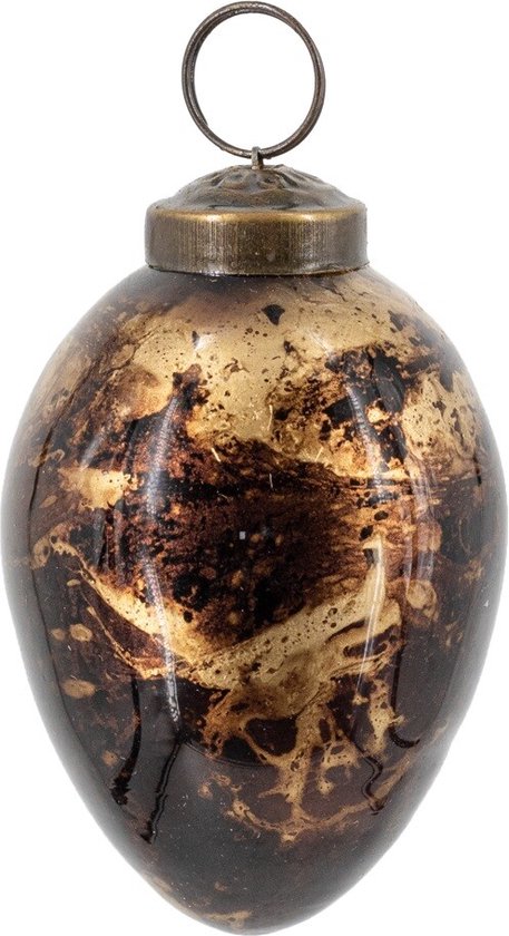 Boule de Noël marron aspect marbre avec des accents dorés et une boucle de suspension en métal.