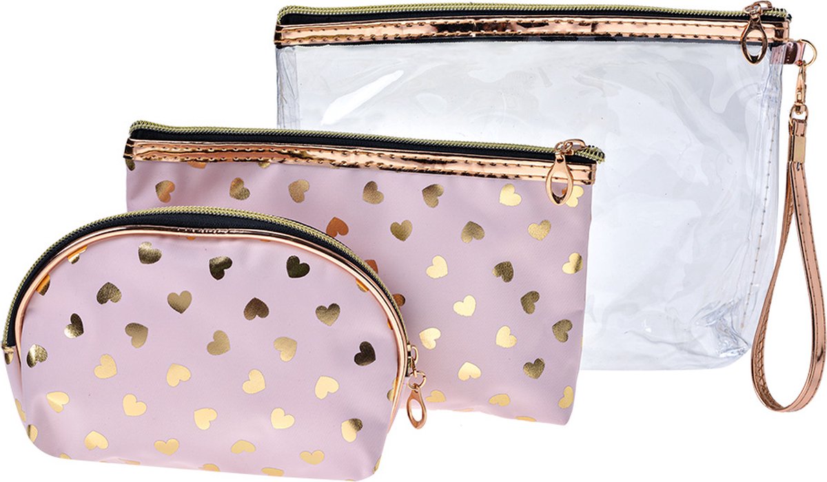 Juleeze Toilettas Dames Set van 3 23x17 / 20x13 / 18x12 cm Roze Goudkleurig Polyester Hartjes