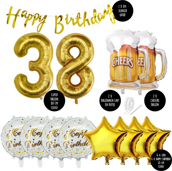 38 Jaar Verjaardag Cijfer ballon Mannen Bier - Feestpakket Snoes Ballonnen Cheers & Beers - Herman