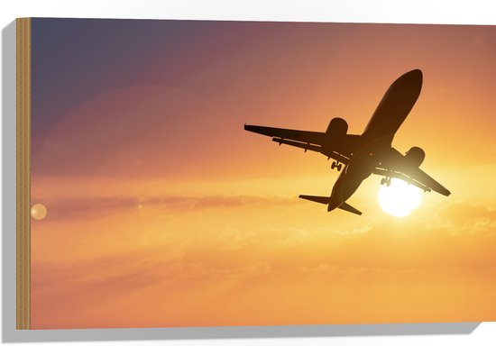 Hout - Silhouet van Passagiersvliegtuig Vliegend langs de Zon - 60x40 cm - 9 mm dik - Foto op Hout (Met Ophangsysteem)