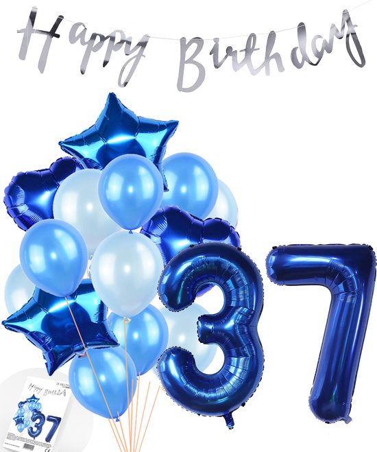 Snoes Ballonnen 37 Jaar Feestpakket – Versiering – Verjaardag Set Mason Blauw Cijferballon 37 Jaar - Heliumballon
