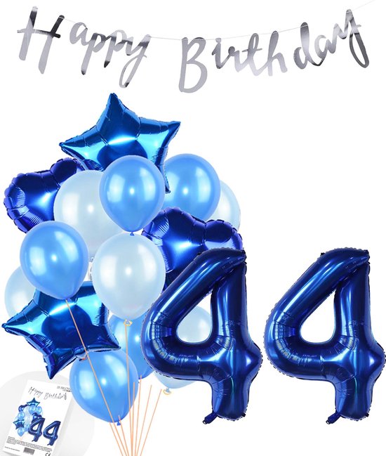 Snoes Ballonnen 44 Jaar Feestpakket – Versiering – Verjaardag Set Mason Blauw Cijferballon 44 Jaar - Heliumballon