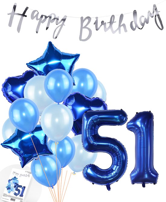 Snoes Ballonnen 51 Jaar Feestpakket – Versiering – Verjaardag Set Mason Blauw Cijferballon 51 Jaar - Heliumballon