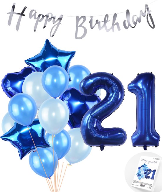 Snoes Ballonnen 21 Jaar Feestpakket – Versiering – Verjaardag Set Mason Blauw Cijferballon 21 Jaar - Heliumballon