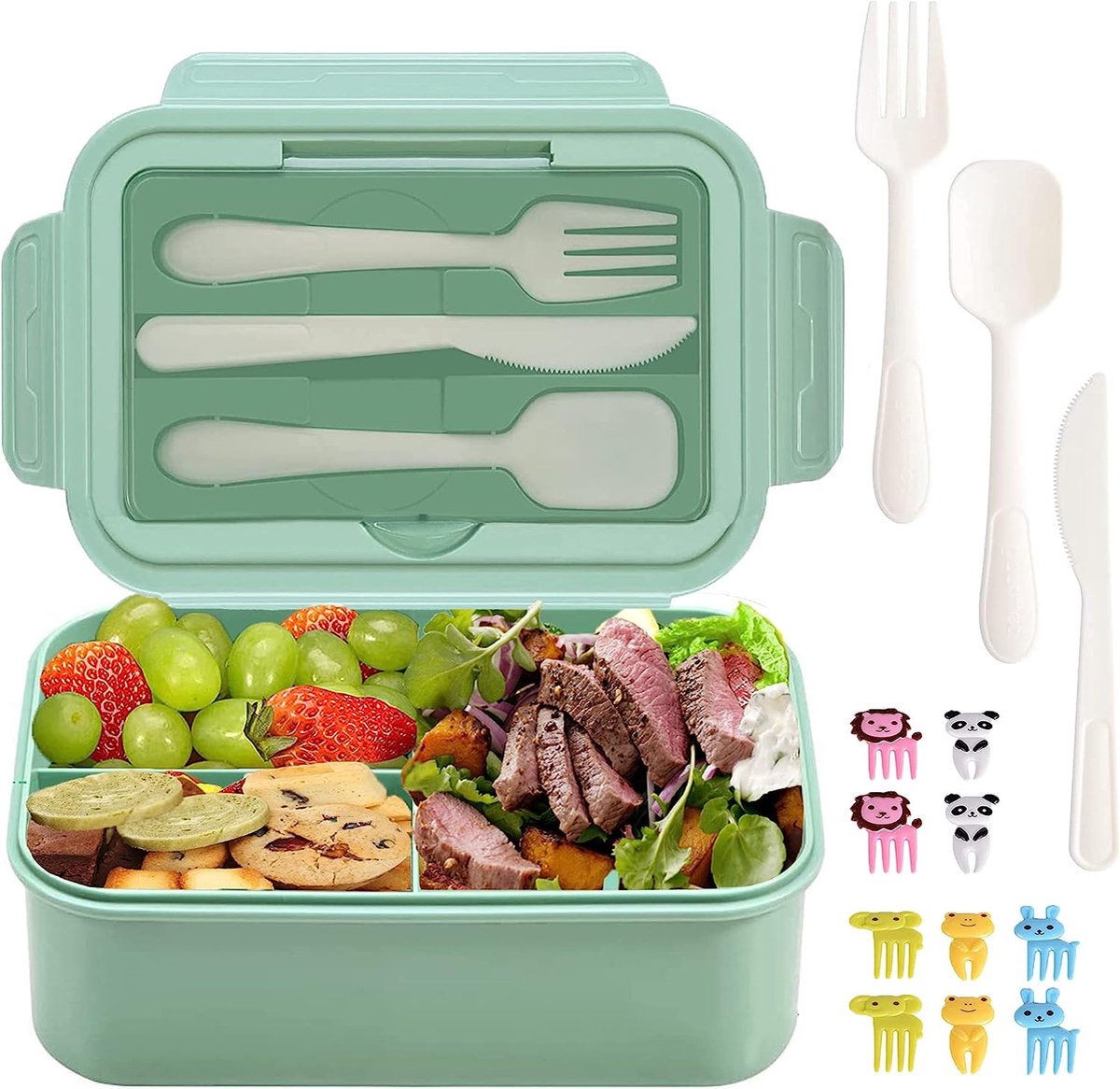 Jortine Lunchbox voor volwassenen en kinderen, met vakken, bento box, lunchbox met onderverdeling, broodtrommel met bestek, lekvrij, BPA-vrij, magnetronbestendig voor kleuterschool, picknick