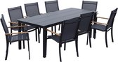 NATERIAL - Salon de jardin pour 8 personnes - Table de jardin DORA 206X89X75 cm - 8 chaises de jardin DORA avec accoudoirs - Empilable - Salon - Aluminium - Duraboard - Plastique recyclé - Eucalyptus